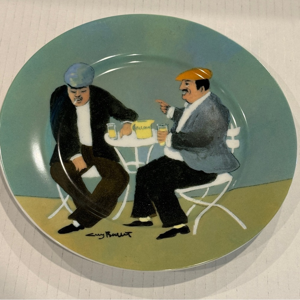 Guy Buffet “Les Deux Hommes” 8” Plate 🖤🤍🖤French Café Scene, Fine Porcelain